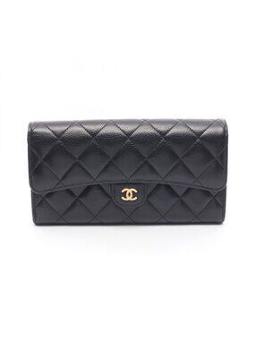 Chanel Bifold Wallet Classic Long Flap Quilted Black Caviar Leather